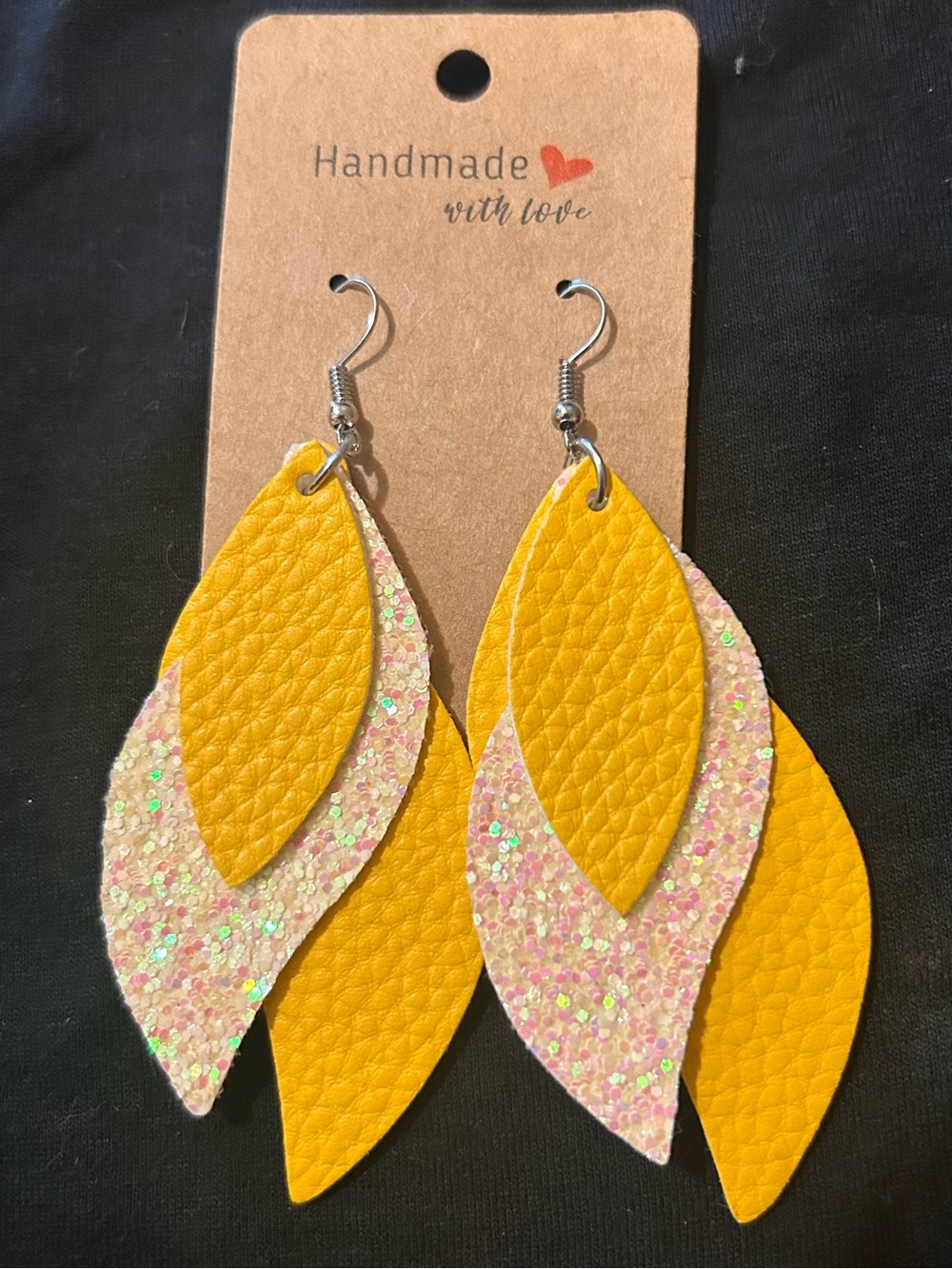 Handmade Yellow Glitter Layered Leaf Earrings